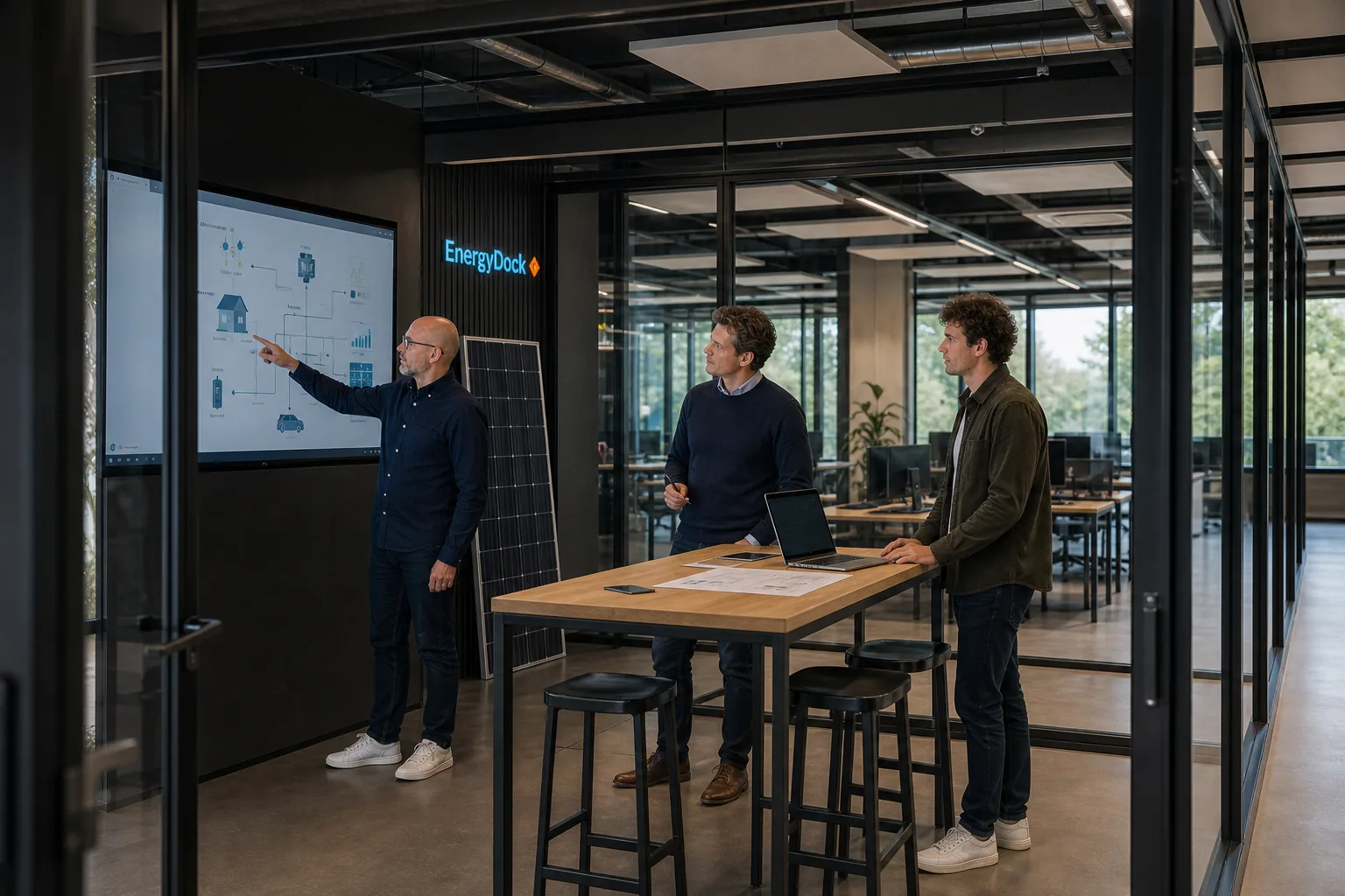 Zespół EnergyDock w biurze omawiający dobór magazynu energii, fotowoltaiki i backupu na diagramie systemu energetycznego