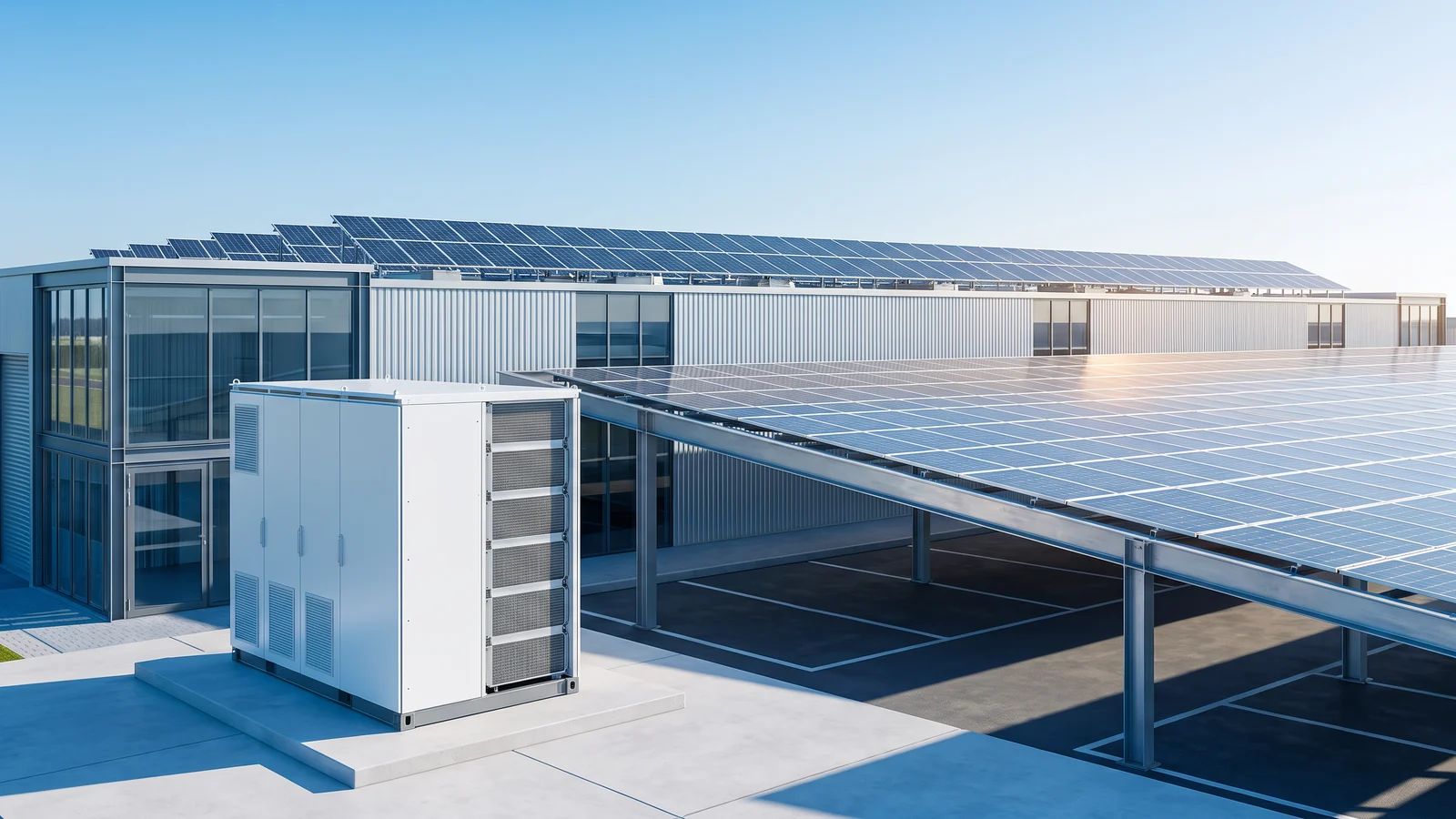 Huawei LUNA2000 107 kWh — Magazyn chłodzony cieczą przy firmie z carportem PV