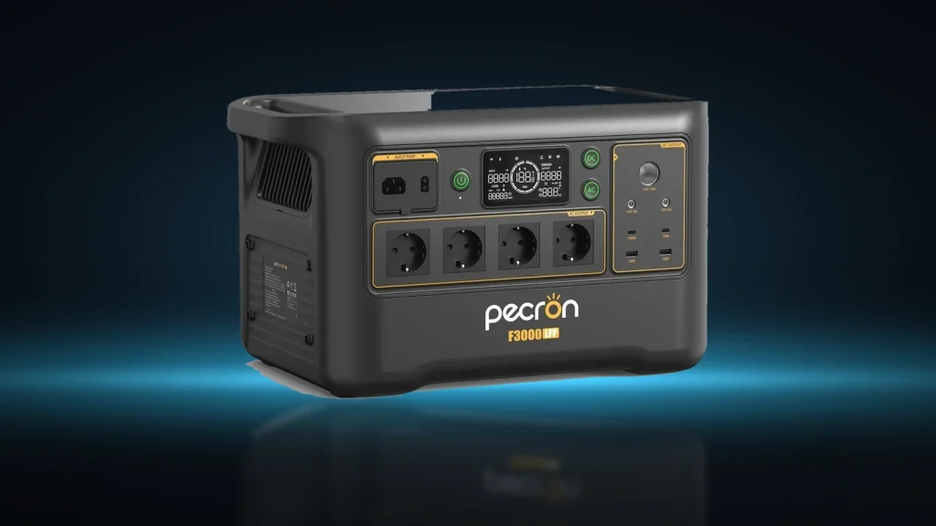 Przenośna stacja zasilania Pecron F3000 o pojemności 3072 Wh i mocy 3000 W z wyjściami 230 V i 100-120 V