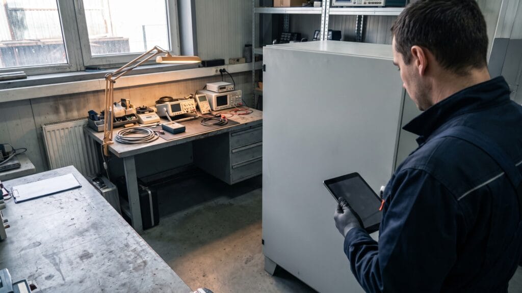 Inżynier sprawdzający magazyn energii w laboratorium testowym