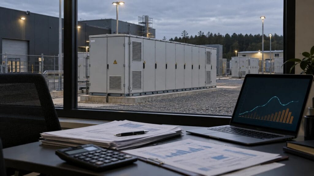 Biurko z kalkulatorem i analizą zużycia energii na tle przemysłowego magazynu