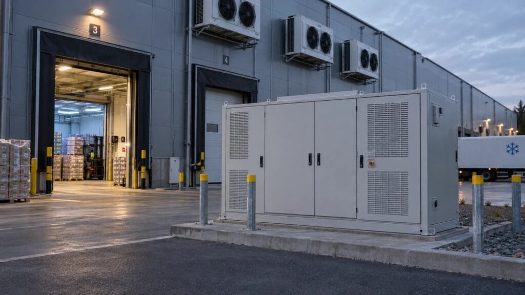Magazyn energii przy chłodni z oświetloną rampą i instalacją chłodniczą