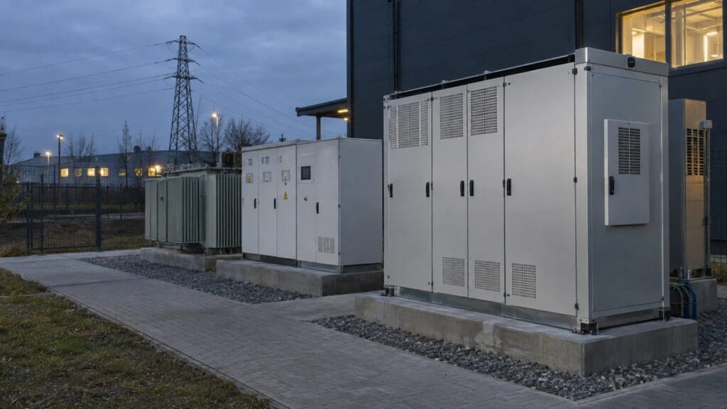 Magazyn energii przy stacji transformatorowej i układzie pomiarowym zakładu