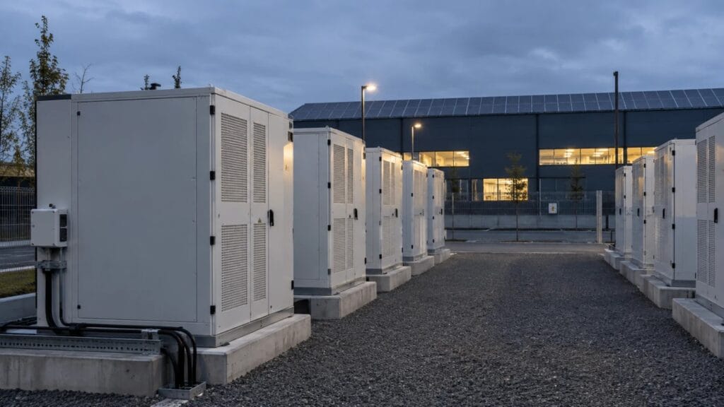 Klaster przemysłowych magazynów energii w uporządkowanych rzędach przy fabryce